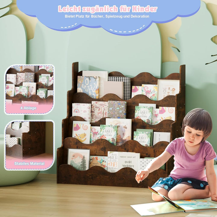 Kinder Bücherregal aus Kieferholz, Montessori Kinderregal mit 4 Ablagen, für Kinderzimmer Spielzimme