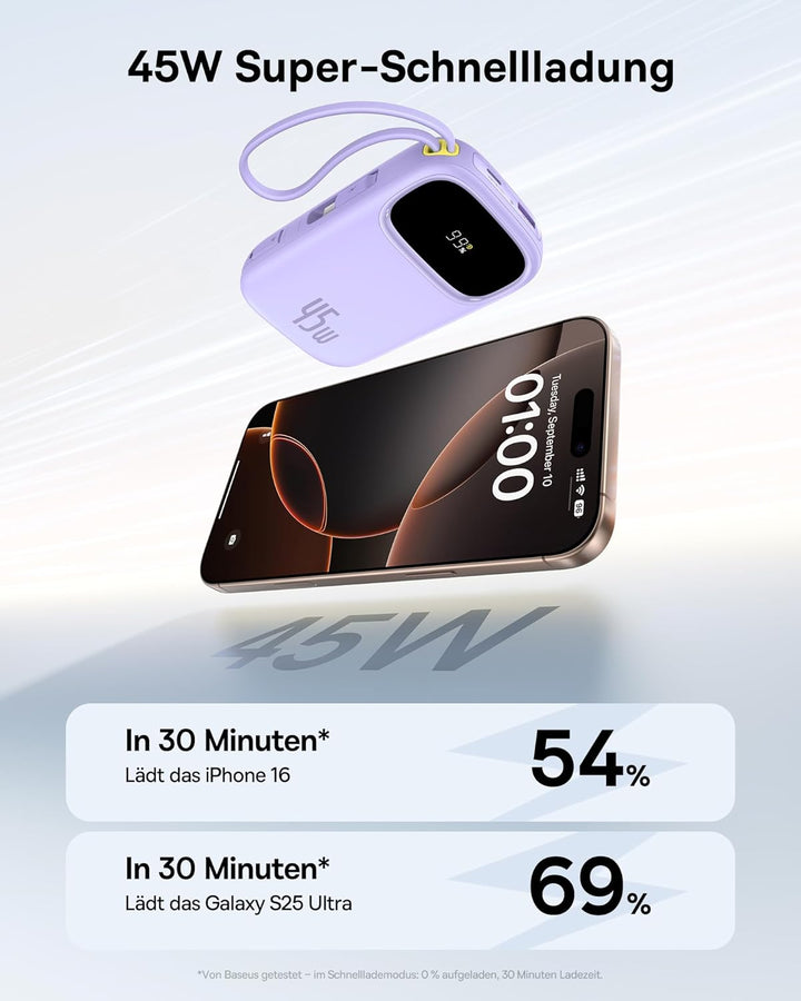 Baseus Powerbank 20000mAh 45W mit integriertem USB-C Kabel, QPow3 Power Bank PD3.0 QC4.0 Externe Han
