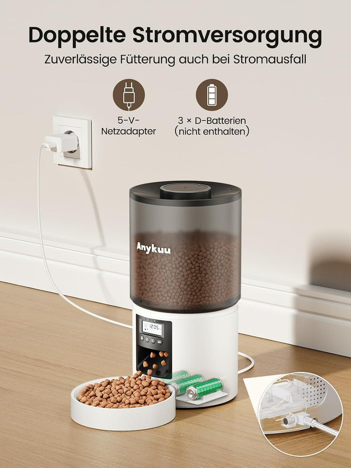 Anykuu Futterautomat Katze &amp; Hund 4L Pet Feeder Cat mit Timer &amp; Portionskontrolle 1-6 Mahlzeiten pro
