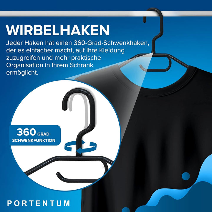 PORTENTUM Kleiderbügel aus 100% Recyceltem Kunststoff, 30 Stück, Schwarz - 360º Drehbarer Haken, Pla