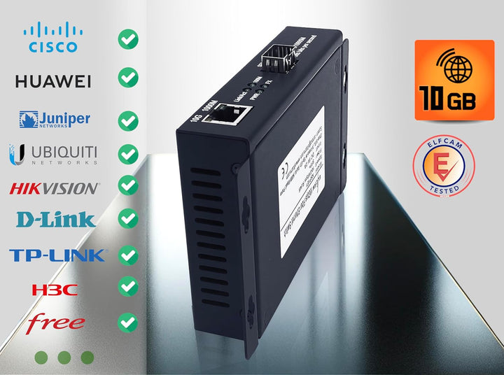Elfcam® - 10Gb Konverter Fiber Ethernet mit 1x RJ45 10Gb Port auf 1x 10Gb SFP+ Port, 10GbE LWL Medie