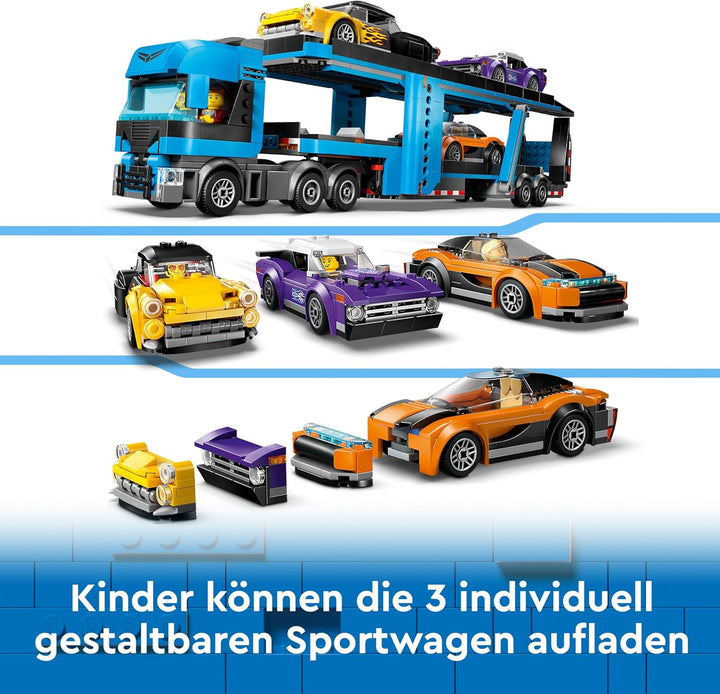 LEGO City Autotransporter mit Sportwagen, Set mit 4 Spielzeugautos für Jungen und Mädchen ab 7 Jahre