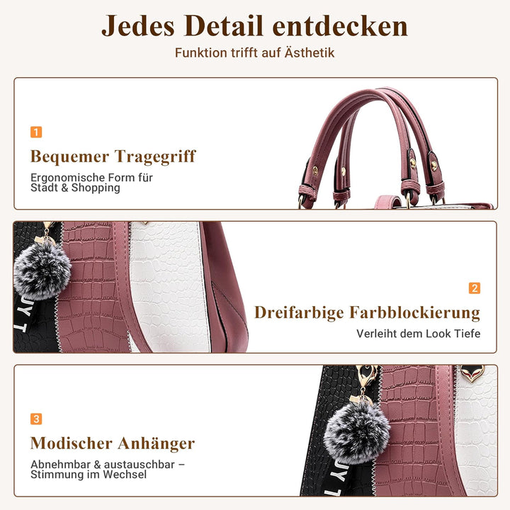 DIRRONA Damen Handtasche, PU Leder Handtasche mit Farbblock-Design und elegantem Anhänger, stilvolle