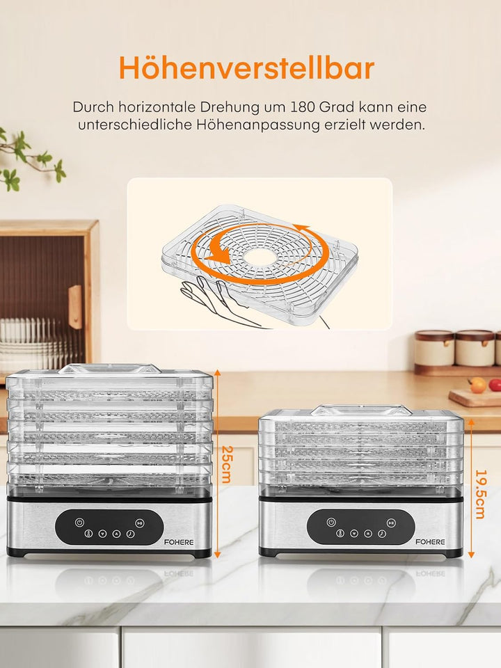 FOHERE Dörrautomat Edelstahl, Dörrgerät mit 5 höhenverstellbaren Tabletts, LED-Anzeige, 420W, 35-70°