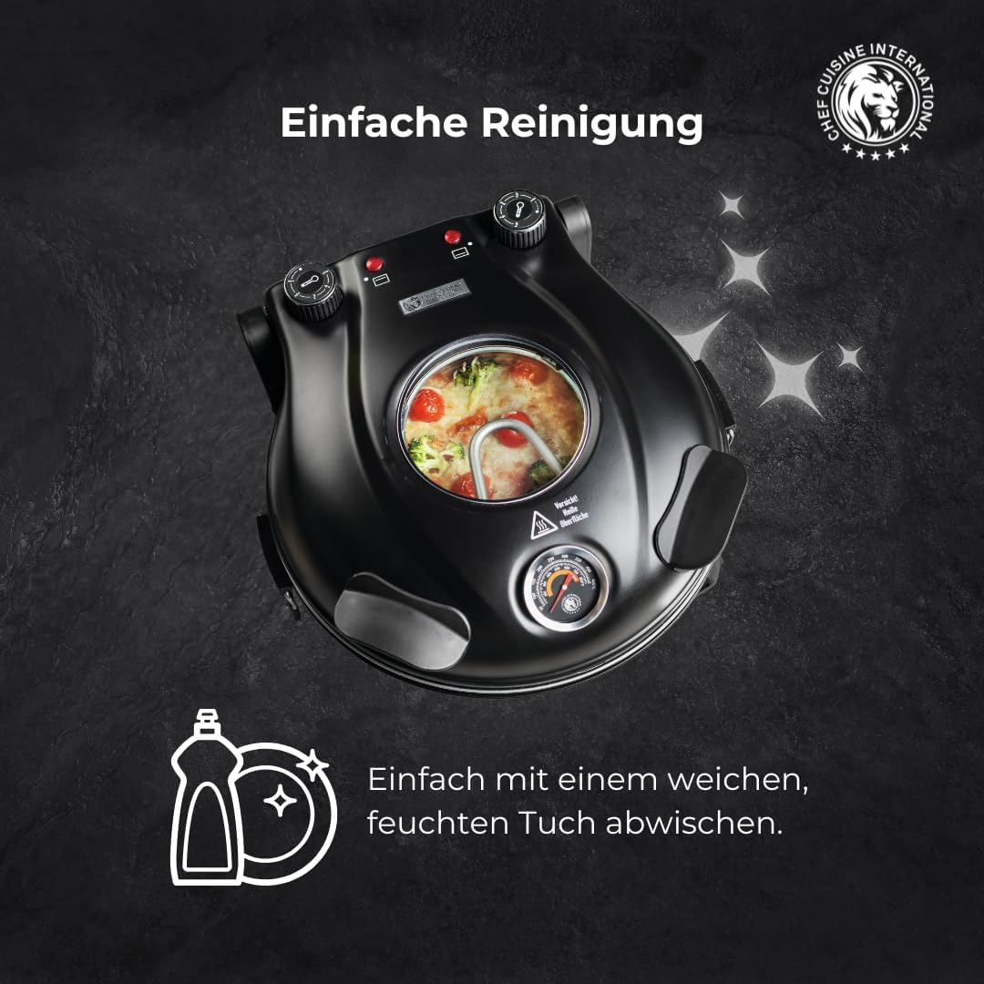 CHEF CUISINE Pizza Maker mit Keramikstein Ø 31 cm – Elektrischer Pizzaofen mit 1.200 Watt, Sichtfens
