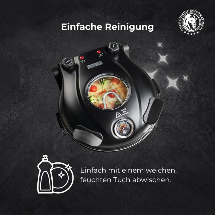 CHEF CUISINE Pizza Maker mit Keramikstein Ø 31 cm – Elektrischer Pizzaofen mit 1.200 Watt, Sichtfens