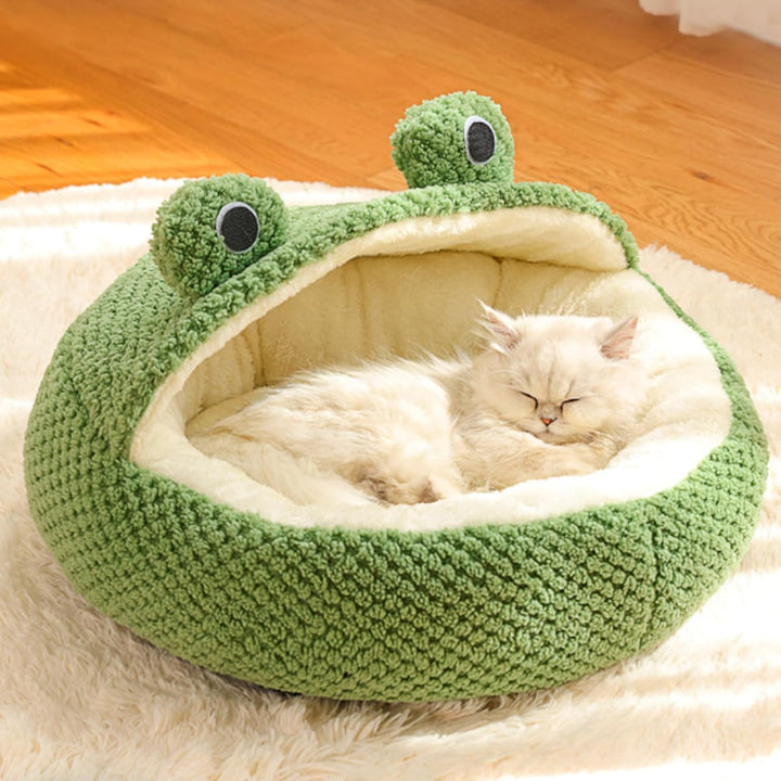Katzenbett Frosch lang Plüsch Winter Herbst Thermo süsses Cartoon-Haustierbett Abnehmbarer Einsatz w