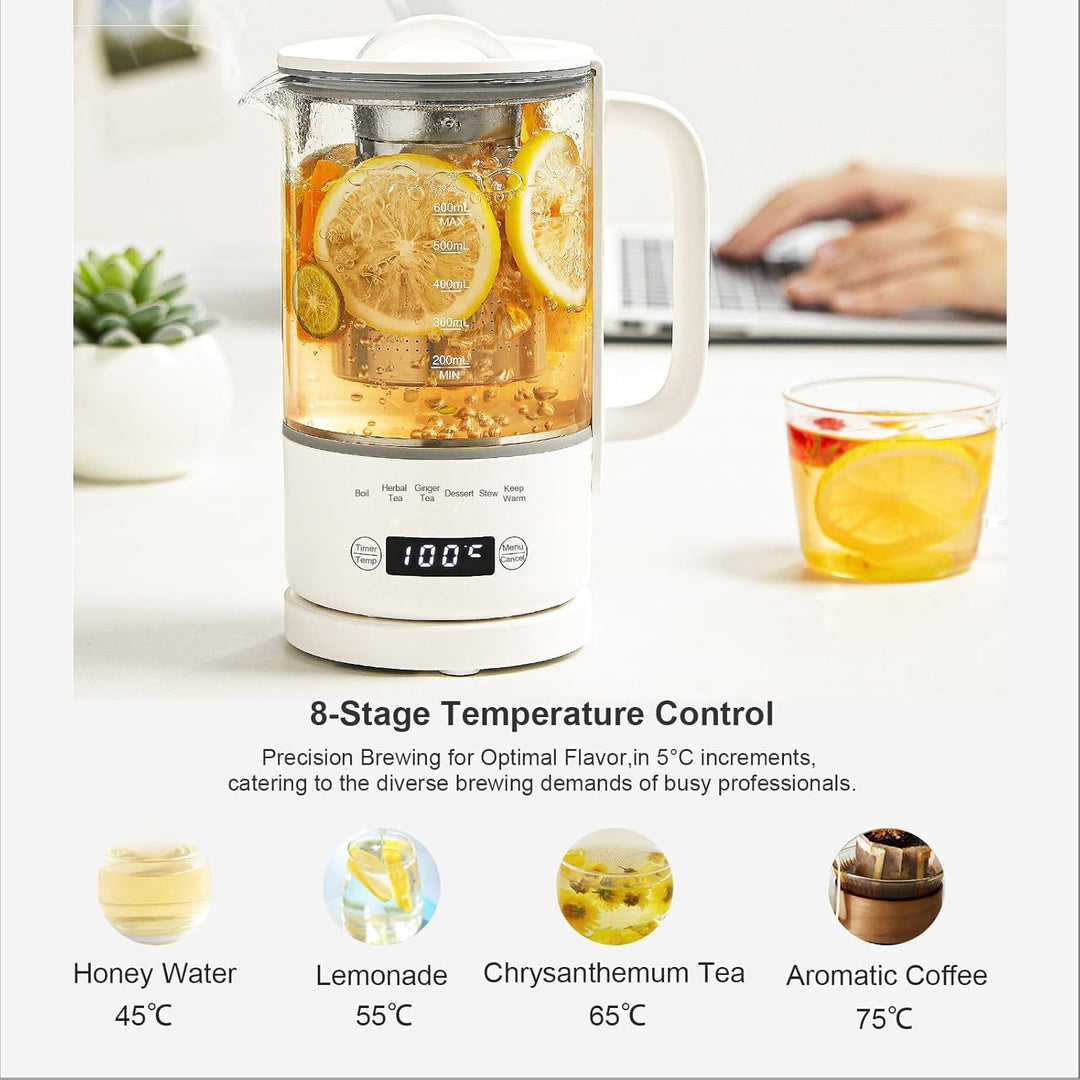 Glas Elektrisch Wasserkocher 0,6L 500W, 40-75°C Einstellbare Temperatur, 24-Stunden-Timer, Touch-Bed