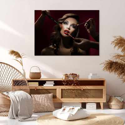 Bilder auf Leinwand 100x70cm Leinwandbild mit Rahmen Frau Make-up schön Gross Wanddeko Bild Schlafzi