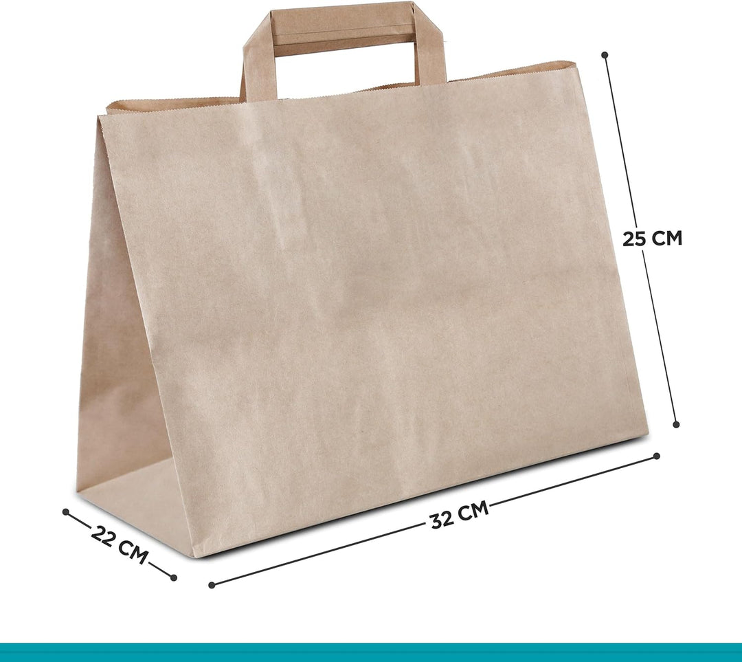 Commerline Papiertüten 250 Stück, Braun, 32+22x25 cm | Kraftpapier Tüten Klein Mit Henkel | Tragetas