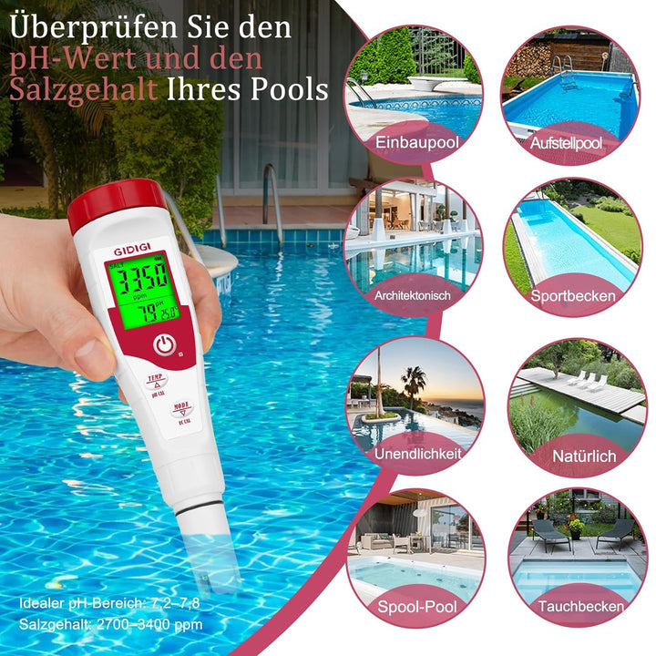 pH Meter Water, Pool Salt Meter, 5-in-1 Salinity Meter with Display of Multiple Parameters for Pool