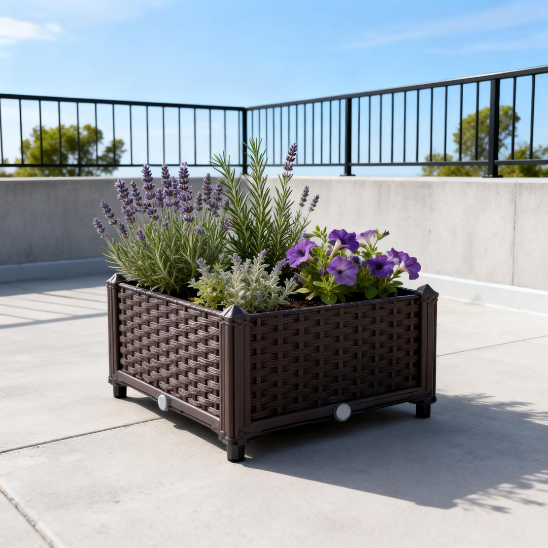 Mingone Blumentopf Rattan Optik aus Kunststoff Blumenkasten Balkonkasten mit Wasserspeicher Pflanzka