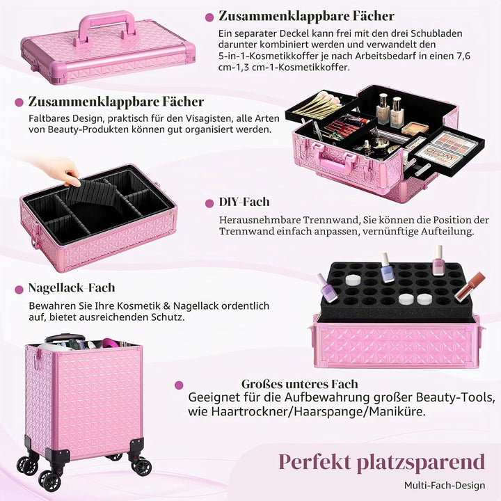 Arous 5-in-1 Profi-Kosmetikkoffer, Aluminium, mit 360° drehbaren Rädern Hellrosa, Hellrosa