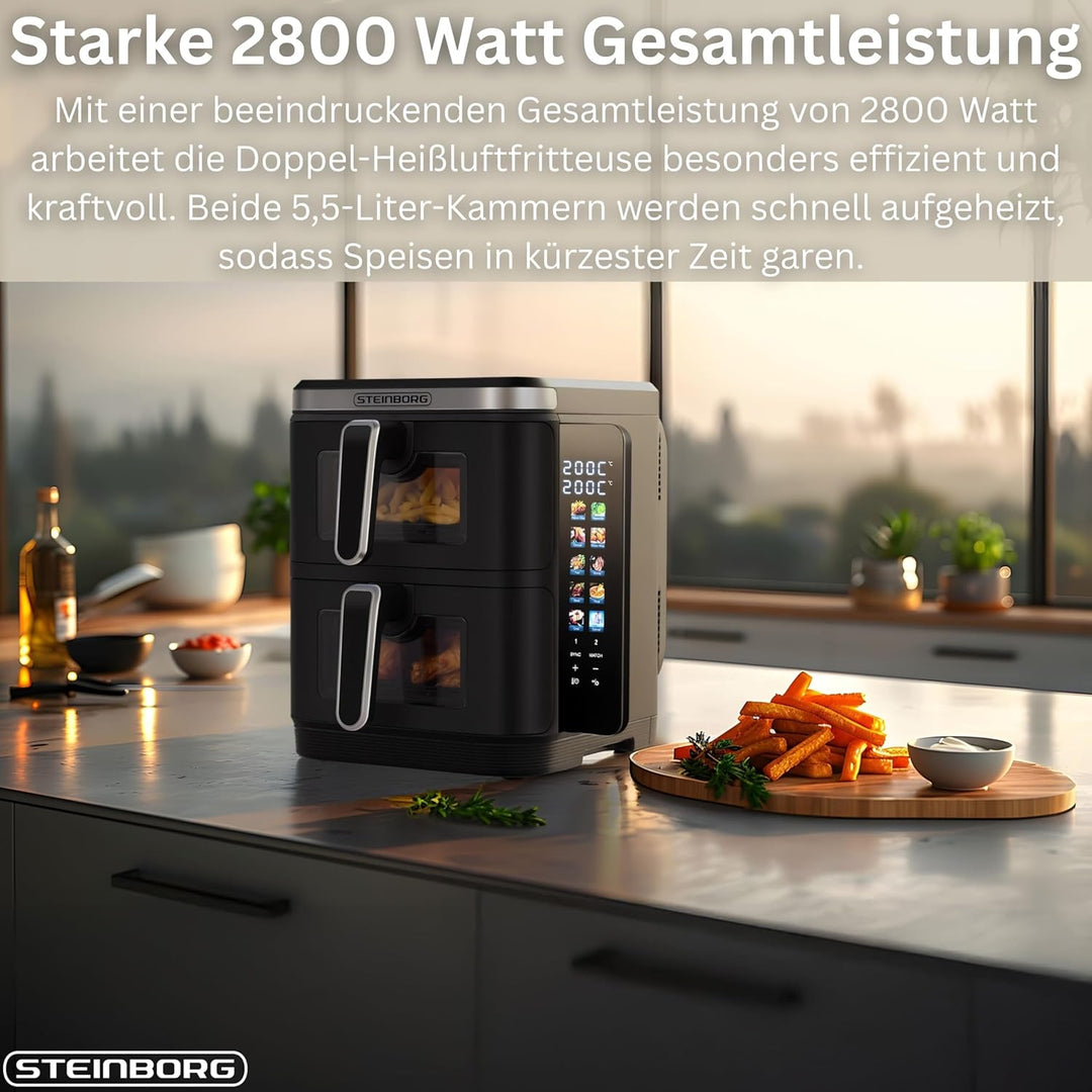 Steinborg® Heissluftfritteuse Doppelkammer 11 Liter Heissluft-Frittieren Heissluftfritteuse 2 vertik
