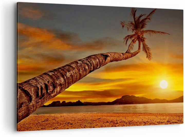 ARTTOR Bilder auf Leinwand 100x70cm Leinwandbild Palme Landschaft Sonne Gross Wanddeko Bild Schlafzi