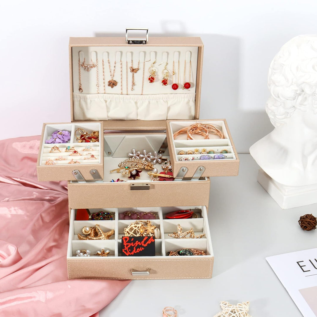 Schmuckkasten, Schmuckkästchen mit Schubladen für Damen Mädchen, PU-Leder Jewelry Box Schmuckbox Sch