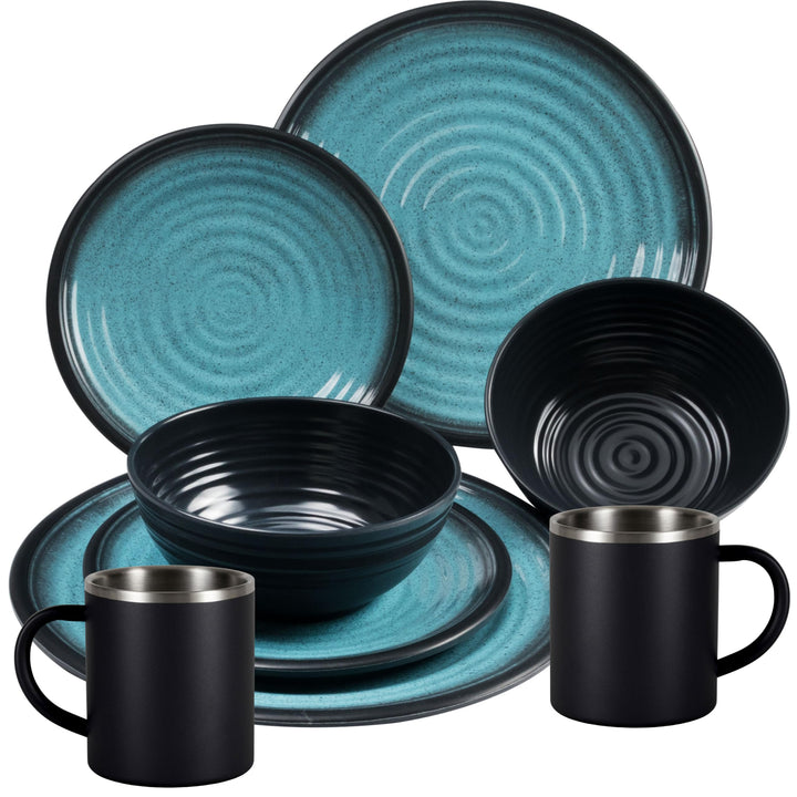 Melamin Geschirr Set Blau Schwarz mit Edelstahl Thermo Tassen doppelwandig - Tonoptik Essgeschirr -