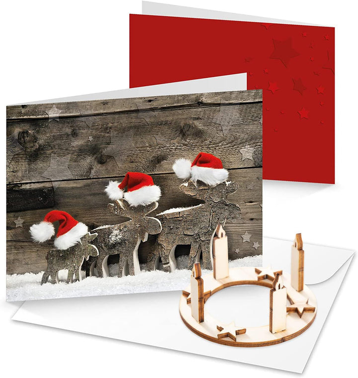 Logbuch-Verlag 10 Weihnachtskarten rot braun mit Rentieren - innen leer z. Beschriften & Bedrucken -