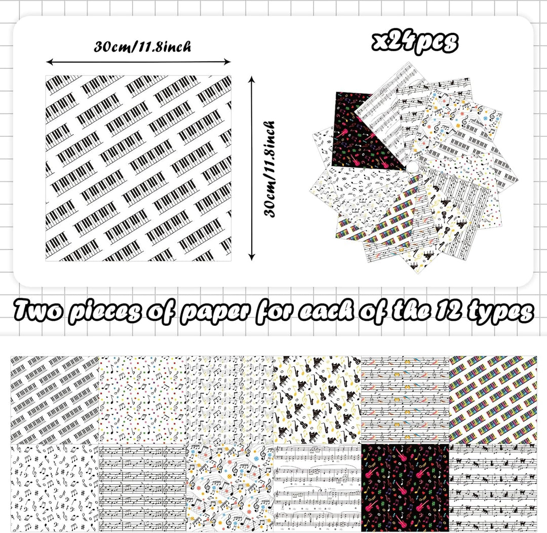 Scrapbook-Papier mit Musiknoten, 24 Blatt, Musik-Thema, doppelseitig, dekoratives Bastelpapier für K