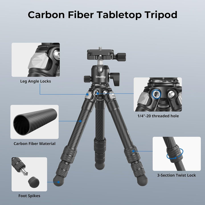 SMALLRIG Mini-Tischstativ aus Kohlefaser, Trípode 395mm/15,5Zoll kompaktes Tischstativ-Set im Tasche