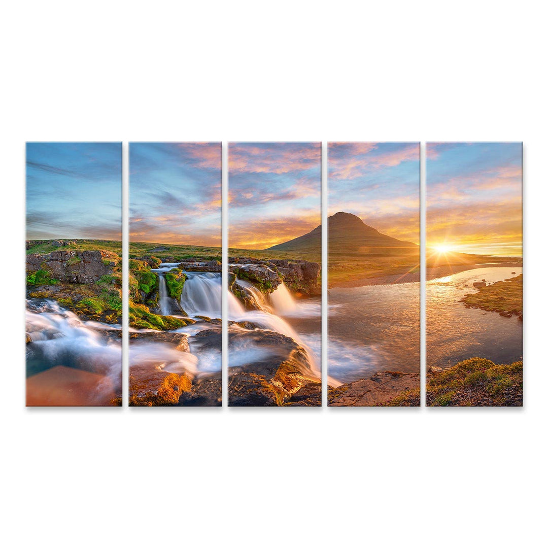 islandburner Bild auf Leinwand Schöne Landschaft Sonnenaufgang Kirkjufellsfoss Wasserfall Kirkjufell