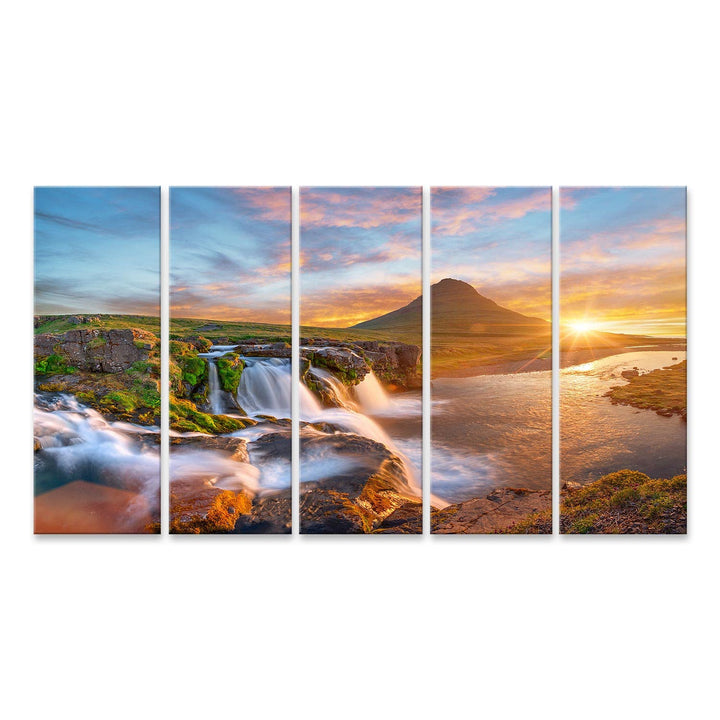 islandburner Bild auf Leinwand Schöne Landschaft Sonnenaufgang Kirkjufellsfoss Wasserfall Kirkjufell