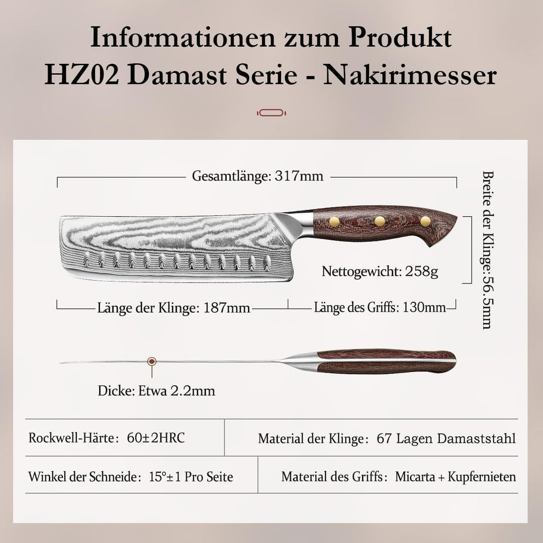 HEZHEN Damast Nakiri Messer mit Holzmesserscheide, Japanischer Stil Hackbeil Messer, Hartstahl Mehrz