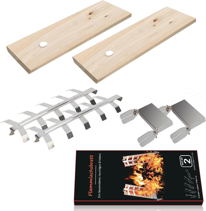 Flammlachsbrett 2er Set aus Zedernholz Verstellbare Edelstahl-Halterungen für Räucherlachs &amp; Grill,