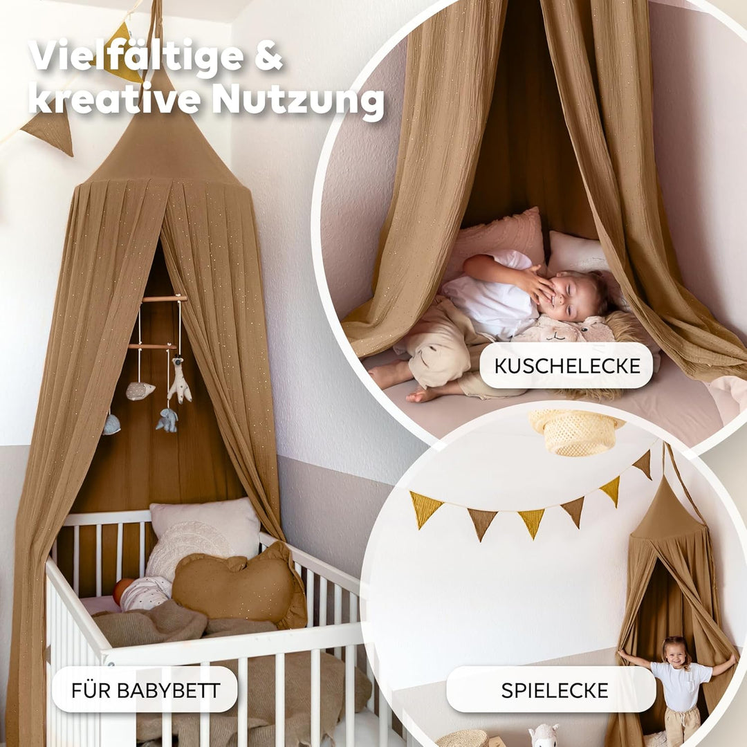 lilimaus Baldachin Kinderzimmer mit Goldapplikation [in 12 Farben] Betthimmel aus 100% Baumwolle Mus