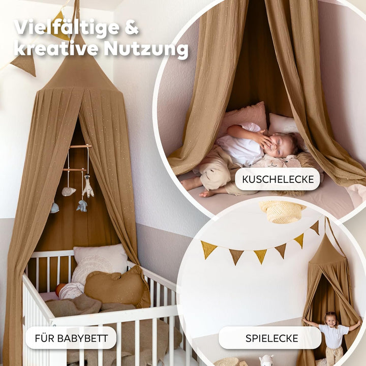 lilimaus Baldachin Kinderzimmer mit Goldapplikation [in 12 Farben] Betthimmel aus 100% Baumwolle Mus