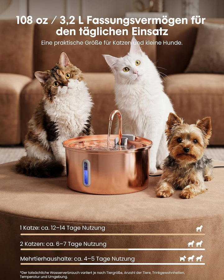 Kittyspout Katzenbrunnen 3,2L aus Edelstahl, mit 3 Filtern und Sichtfenster | Besonders leiser Trink