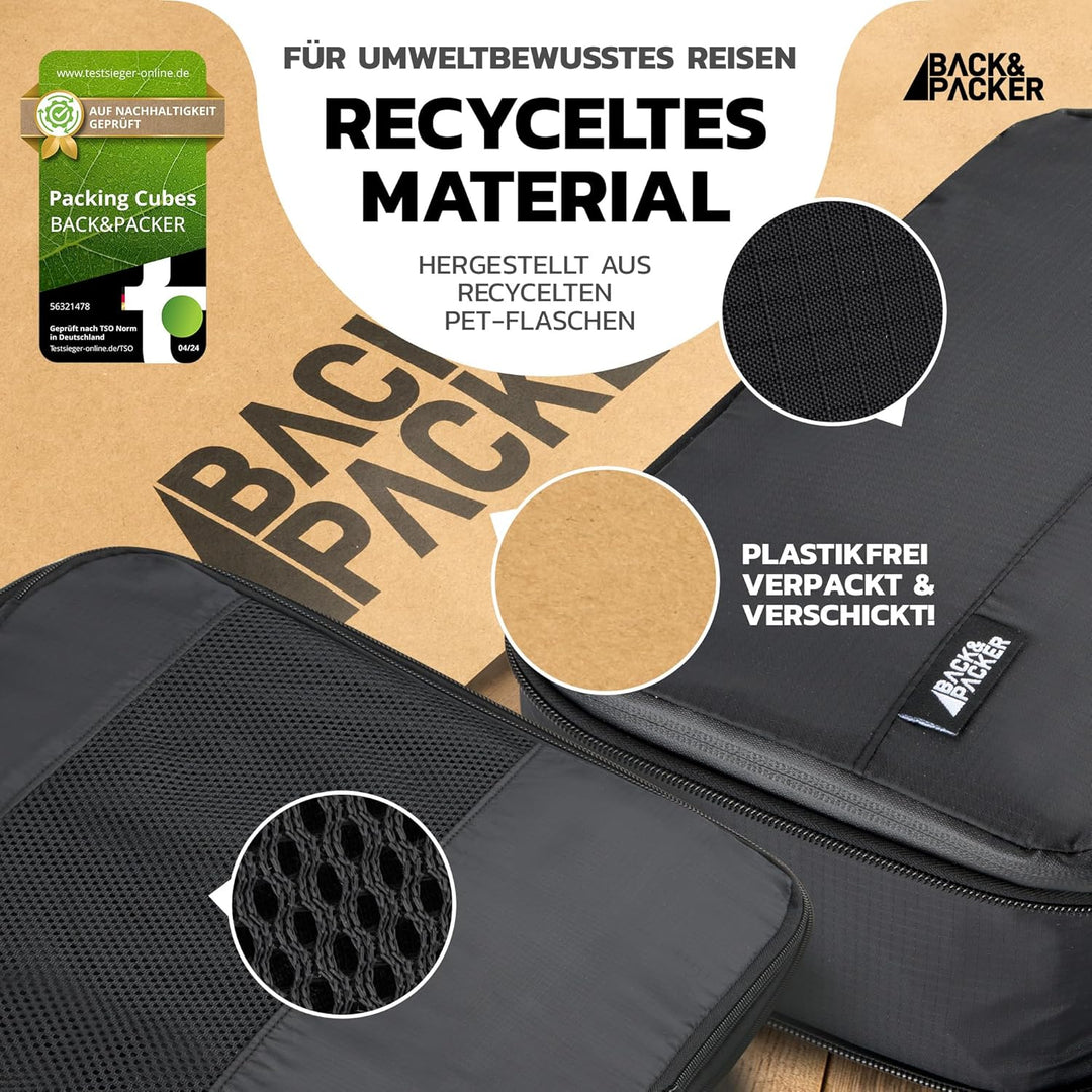 BACK&amp;PACKER® Packing Cubes mit Kompression 4-teilig - Packtaschen Set aus recyceltem Material - Leic