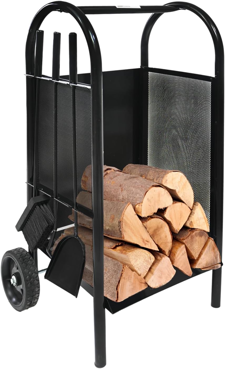 TRUTZHOLM Kaminholzwagen mit Kaminbesteck 3 tlg. Schaufel, Besen, Schürhaken 83x42x36 cm, schwarz Ka