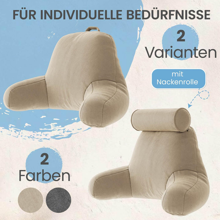 ELONEO Rückenkissen, Lesekissen für Bett und Sofa mit Armlehnen und Abnehmbarer Nackenrolle – Ideal