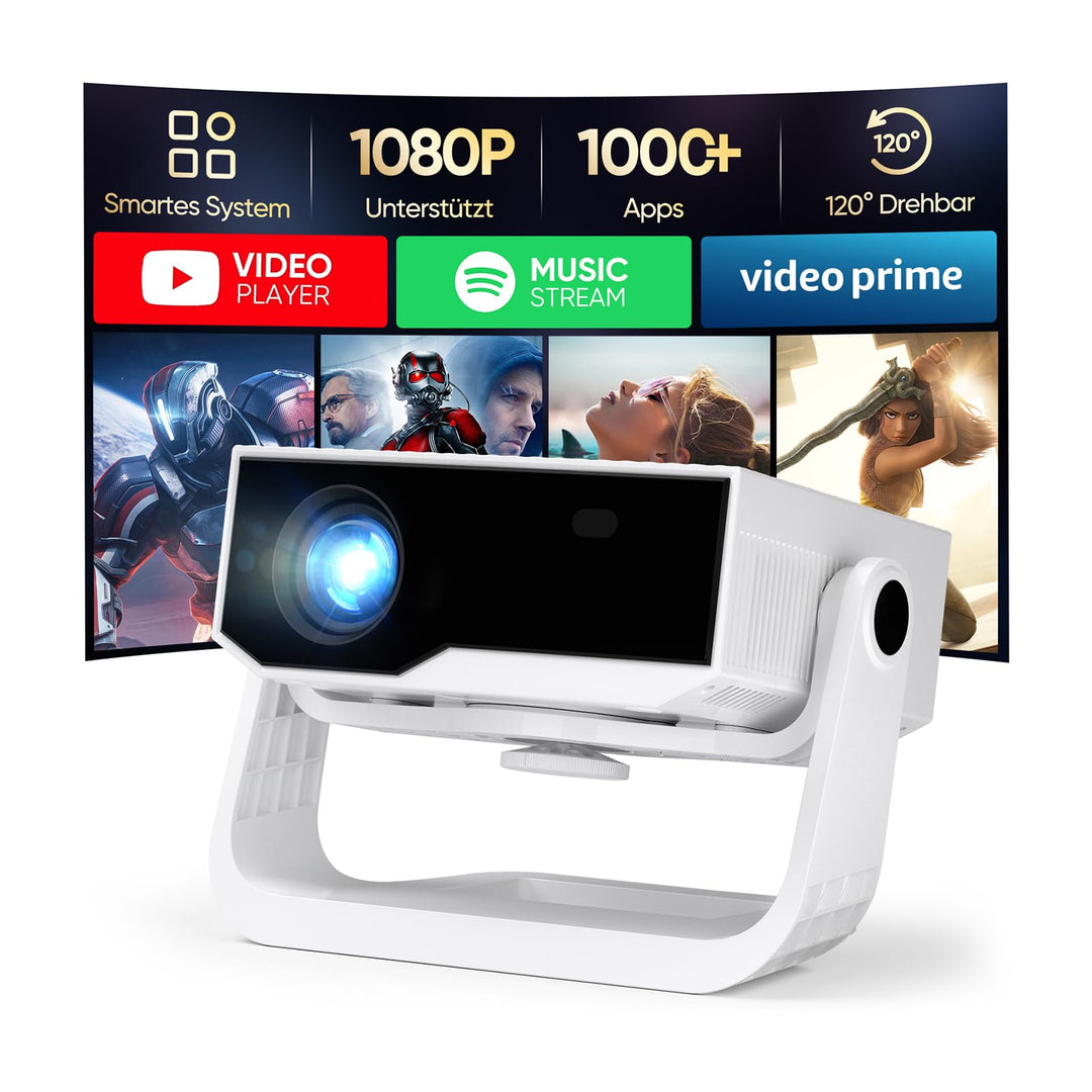 Wielio Smart Beamer, Heimkino Beamer mit integrierter App, 4K Unterstützung, WLAN&BT, 120° verstellb