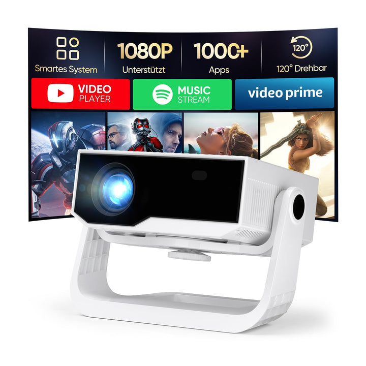 Wielio Smart Beamer, Heimkino Beamer mit integrierter App, 4K Unterstützung, WLAN&BT, 120° verstellb