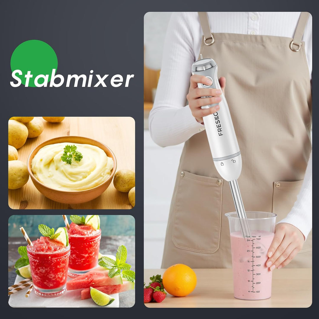FRESKO 4-in-1 Stabmixer, 1000W Pürierstab Edelstahl, 12 Geschwindigkeiten und Turbo, inkl. 500ml Leb