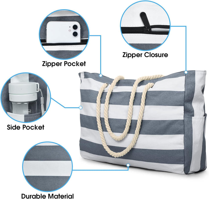 oscaurt Strandtasche Streifen Tote Bag Wasserdicht Badetasche Gross mit Reissverschluss Shopper Tasc