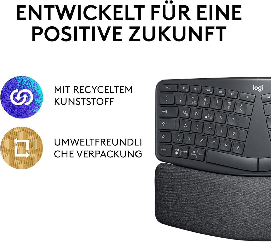 Logitech ERGO K860 kabellose ergonomische Tastatur – geteilte Tastatur, Handballenauflage, natürlich