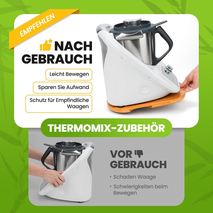 Bambus Gleitbrett für Thermomix TM6 TM5 | Natürliches Bambusmaterial | Mit Rollen für müheloses Vers