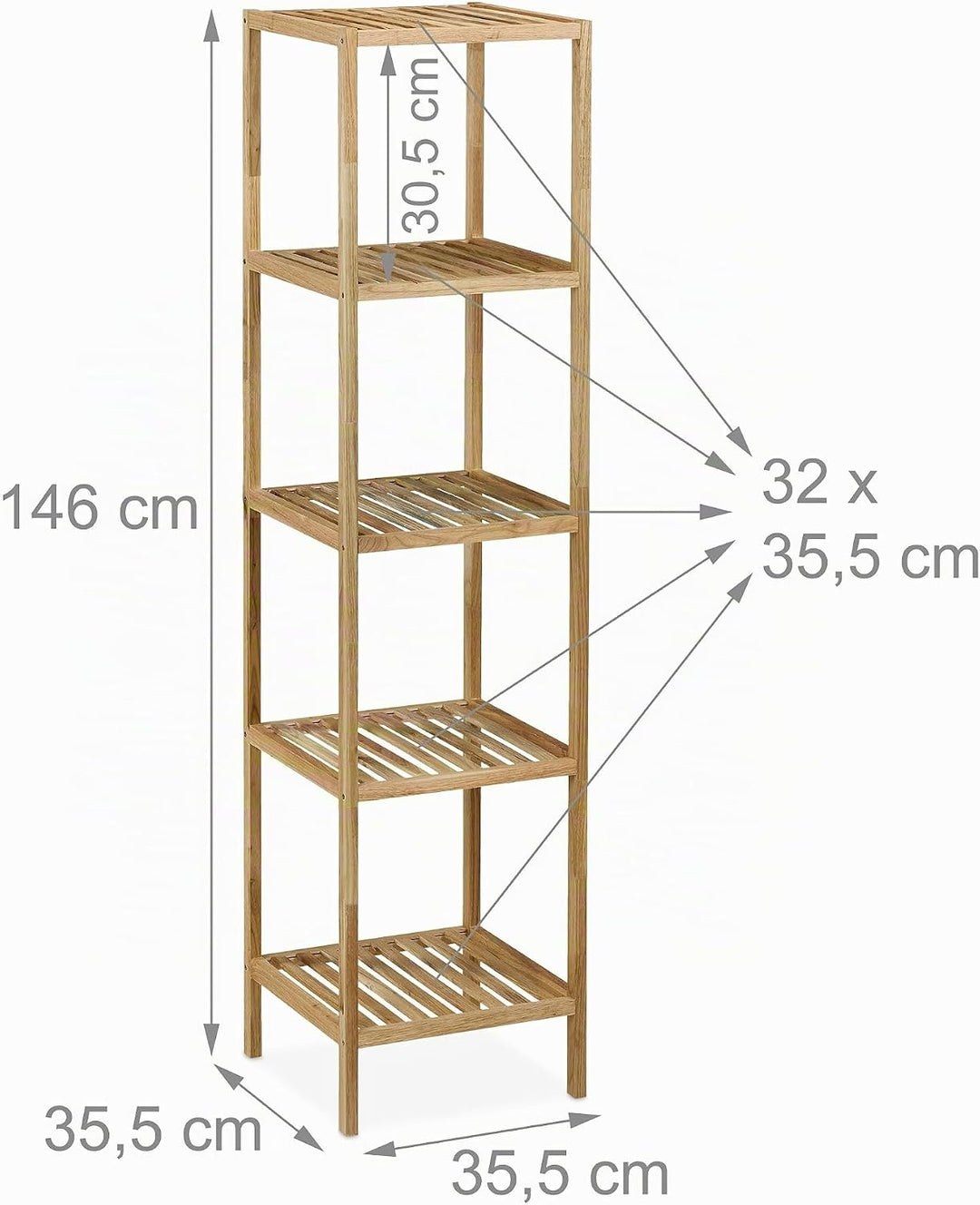 Relaxdays Badregal Walnuss, HBT 146x35,5x35,5 cm, 5 Ablagen, quadratisch, Standregal Küche, Badezimm