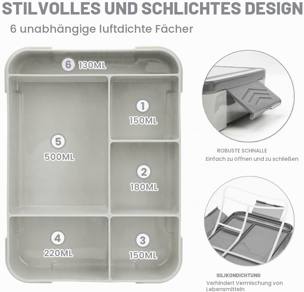 Bugucat Brotdose Kinder mit Fächern 1330ML 2 Set,Lunchbox Kinder Bento Box Auslaufsicher mit 6 Fäche