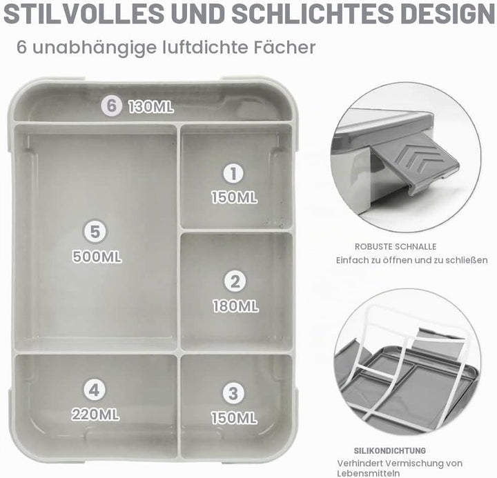Bugucat Brotdose Kinder mit Fächern 1330ML 2 Set,Lunchbox Kinder Bento Box Auslaufsicher mit 6 Fäche
