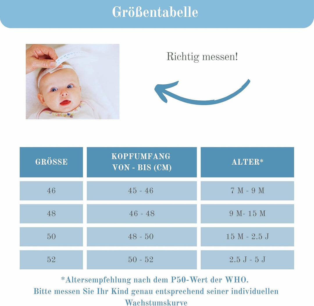 Musselin Schirmütze Sonnenhut mit Nacken- und Ohrenschutz UV-Schutz (UPF 50+) für Babys und Kinder -