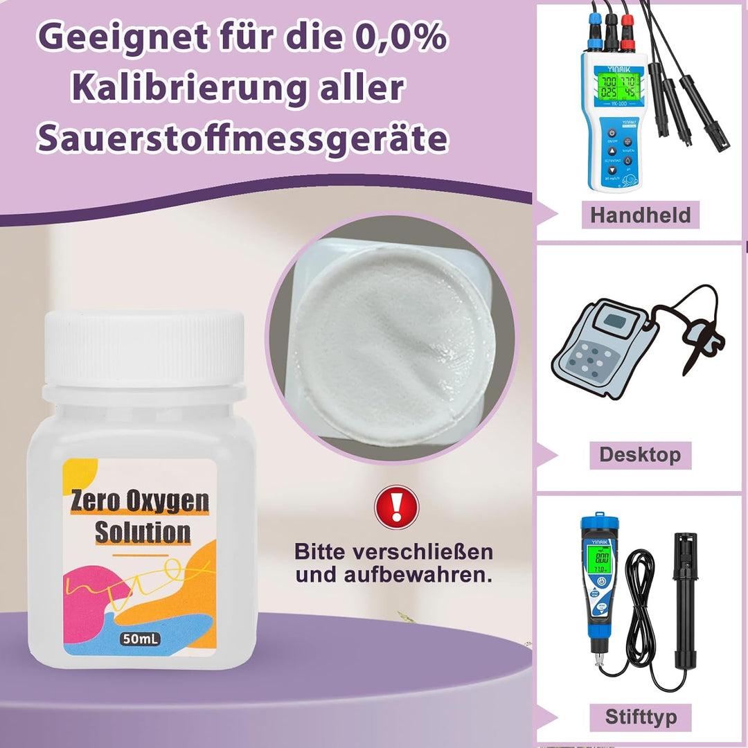 Zubehör für das Testkit für gelösten Sauerstoff: 1 x 50 ml Null-Sauerstoff-Kalibrierungsreagenz, 2 x
