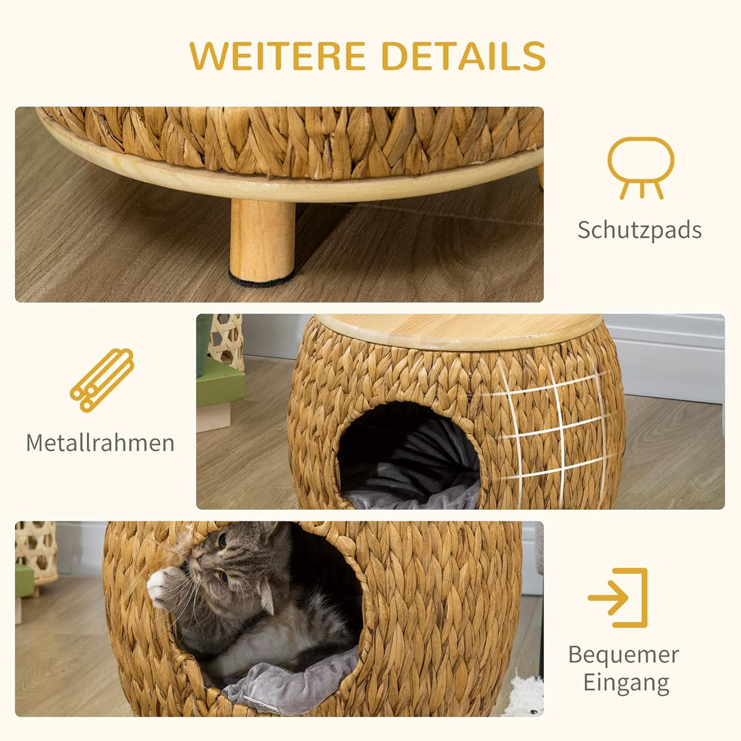 PawHut Rattan Katzenhöhle Katzenbett mit Kissen Katzenhaus Katzenzelt Haustierhaus Hellbraun+Grau 44