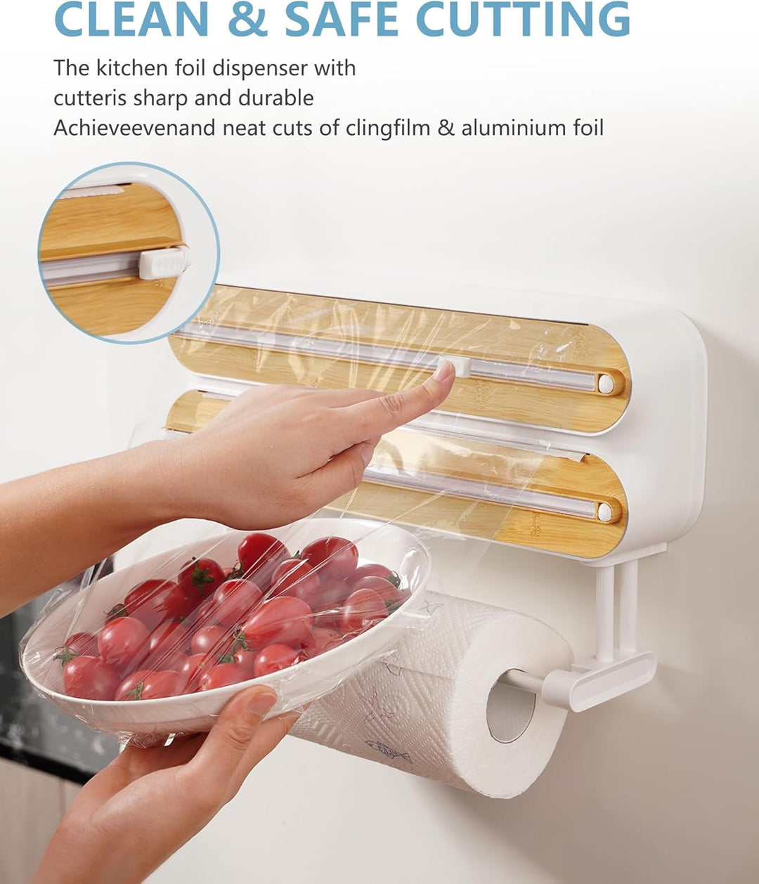 3 in 1 Frischhaltefolienspender mit Cutter, Küchenrollenhalterung mit Küchenrollenhalter, Alufoliens
