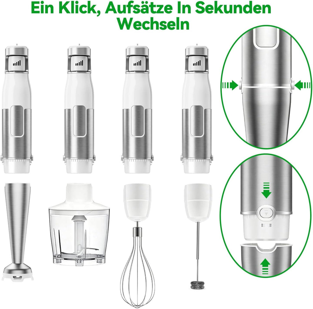 Stabmixer Set 5 in 1, 1100W Pürierstab Elektrisch, Stufenlose Geschwindigkeit, Edelstahl Hand Blende