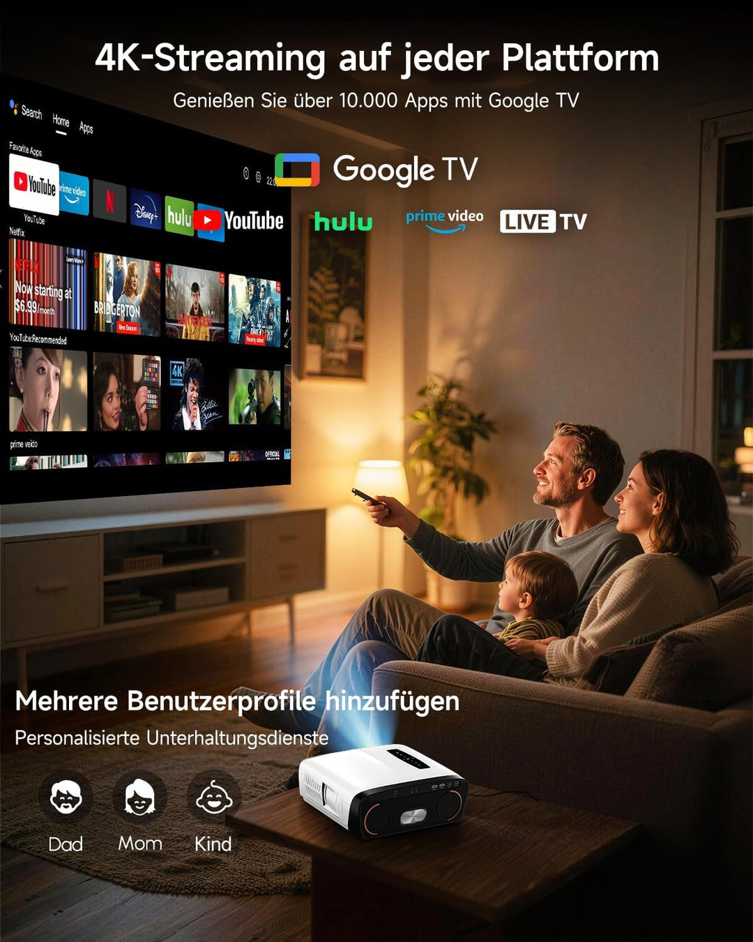 4K Beamer Google TV HDR10+, 2500 ANSI Lumen Tageslicht Heimkino Projektor mit WiFi Bluetooth HDMI AR