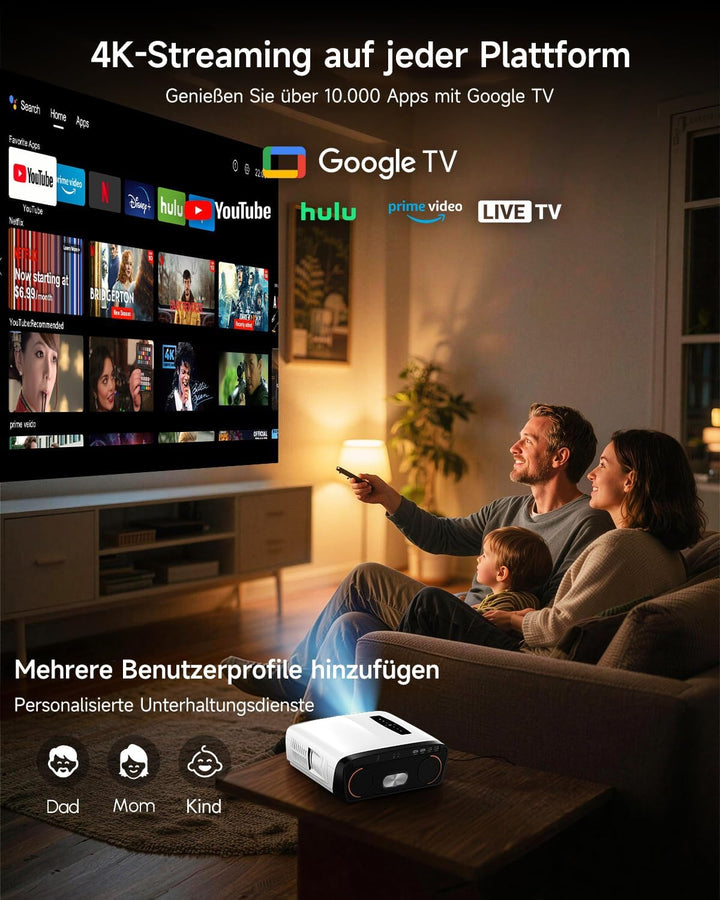 4K Beamer Google TV HDR10+, 2500 ANSI Lumen Tageslicht Heimkino Projektor mit WiFi Bluetooth HDMI AR